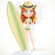 Vetor: Cute girl with a glass of juice and a surfboard Cute girl with a glass of juice and a surfboard
