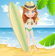 Vector: Cute girl with a surfboard on a sunny beach Cute girl with a surfboard on a sunny beach
