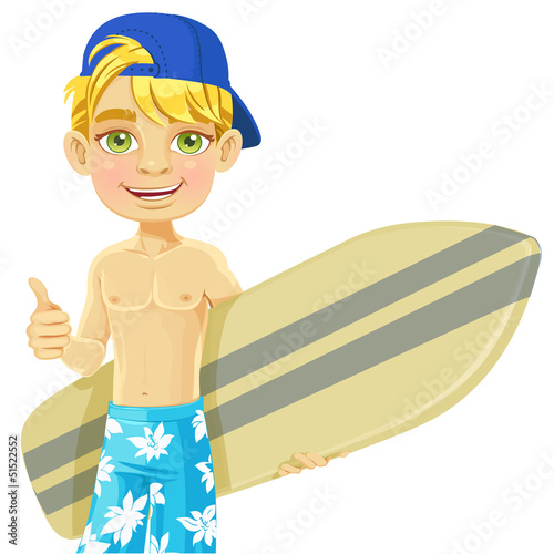 Vector: Teen boy with a surfboard isolated on a white background Teen boy with a surfboard isolated on a white background