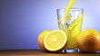 Orange juice pouring in glass on color background