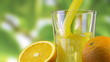 Orange juice pouring in glass on color background