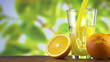 Orange juice pouring in glass on color background