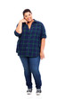 overweight woman doing call me sign