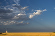 Grain silo behind corn field