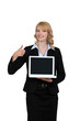 Photo: Businesswoman holding a laptop and giving the thumb's up Businesswoman holding a laptop and giving the thumb's up