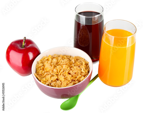 Photo: Delicious and healthy cereal in bowl with juice and fruit Delicious and healthy cereal in bowl with juice and fruit