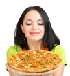Foto: Girl housewife with delicious pizza isolated on white Girl housewife with delicious pizza isolated on white