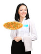 Beautiful girl waiter with pizza isolated on white