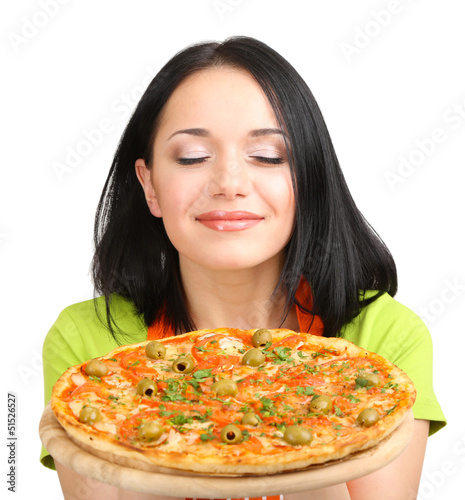 Photo: Girl housewife with delicious pizza isolated on white Girl housewife with delicious pizza isolated on white