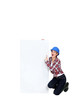 Construction worker pointing at poster.