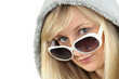 Blonde woman in large white sunglasses and a hooded fleece