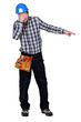 Construction worker covering his eyes and pointing at something