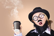 Surprised business person high on coffee