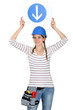 Woman holding a traffic sign
