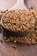 Buckwheat seeds on wooden spoon in closeup
