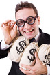 Man with money sacks on white