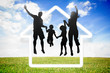 Black silhouette of family jumping
