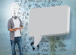 Student with lit up bulb for a head posing with speech bubble
