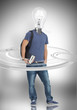 Light bulb headed student surrounded by grey dials