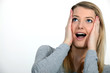 Woman looking up in amazement