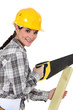 Photo: Woman sawing plank Woman sawing plank
