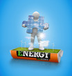 Illustration: Solar panel jigsaw in a wind turbine field in a battery Solar panel jigsaw in a wind turbine field in a battery
