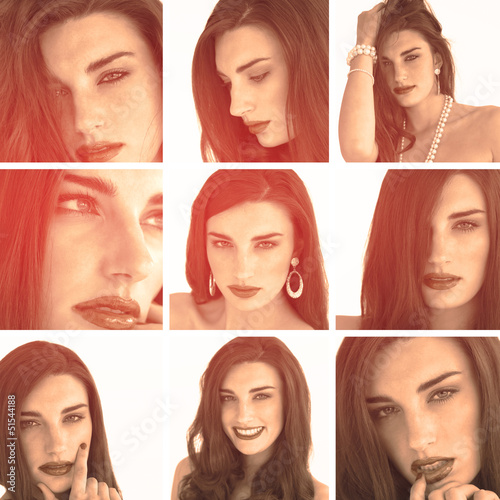 Photo: Collage of attractive brunette with red lipstick in sepia Collage of attractive brunette with red lipstick in sepia