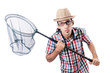 Gardener with net isolated on white