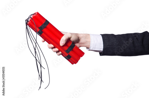 Photo: Hand holding bars of dynamite on white Hand holding bars of dynamite on white