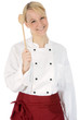Foto: Junge freundliche Köchin mit Holzölffel Junge freundliche Köchin mit Holzölffel
