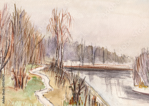 Photo: The first snow on the bank of the river The first snow on the bank of the river