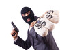 Gangster with bags of money on white