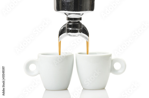 Photo: machine group head and two cup of coffee machine group head and two cup of coffee