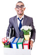 Man being fired with box of personal stuff