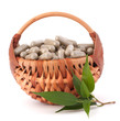 Herbal drug capsules in wicker basket. Alternative medicine conc