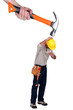 Builder being attacked by giant hammer