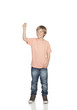 Photo: Smiling boy raising his arm holding something Smiling boy raising his arm holding something