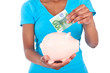 Black african american woman inserting a euro bill inside a smil
