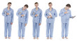 Man in pajamas with newspaper set of different positions