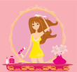 beautiful woman drying her hair by dryer