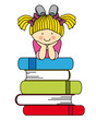 Little girl with many books. fun illustration of back to school