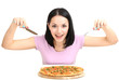 Beautiful girl wants to eat pizza isolated on white