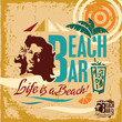 Beach party. Vintage Beach Bar poster. Woman on the beach.