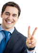 Businessman showing two fingers or victory sign