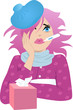 Pretty woman with ice pack, thermometer and bpx of tissues