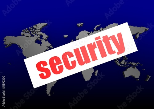 Illustration: Security word on the blue world map Security word on the blue world map