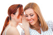 Two happy young girl friends talking or whispering