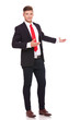 business man inviting you in the back
