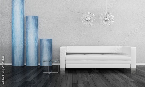 Illustration: Modern Couch against White and Blue Wall Modern Couch against White and Blue Wall