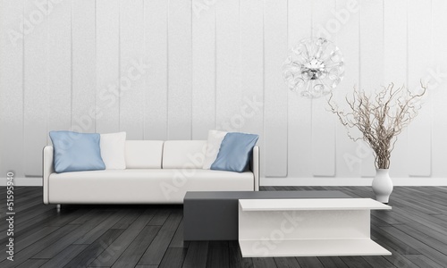 Illustration: Modern White Couch with Blue Pillows in Front of Wall Modern White Couch with Blue Pillows in Front of Wall